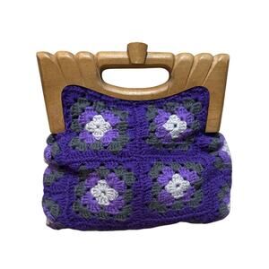 Cottage Core Purple Granny Square Crochet Wood Handle Handbag